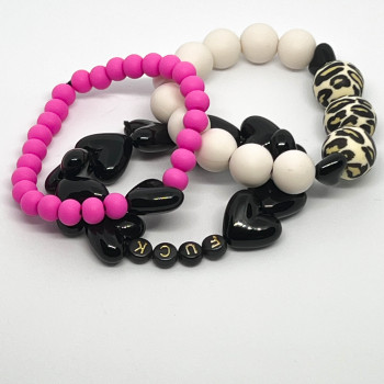 Bracelet femme - ROSE FLUO & MAXI COEUR NOIR - UN2CROIX