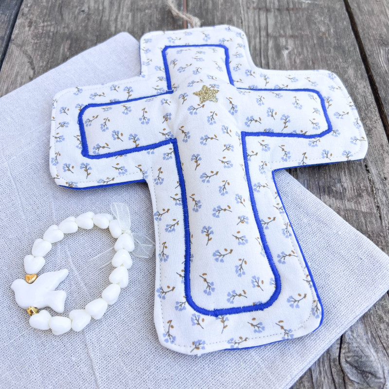 CROIX EX VOTO DECORATIVE EN TISSU - petites fleurs bleues & majorelle