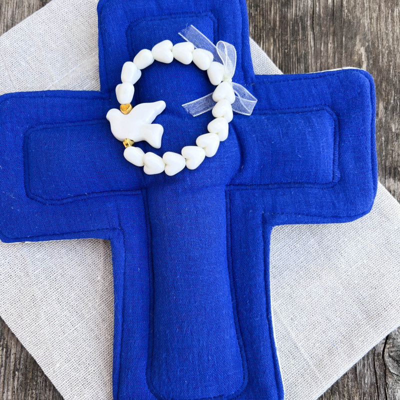 CROIX EX VOTO DECORATIVE EN TISSU - petites fleurs bleues & majorelle