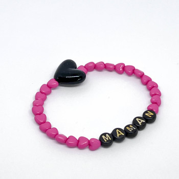 Bracelet femme - MINI COEURS fushia & MAXI COEUR NOIR - (message personnalisable)