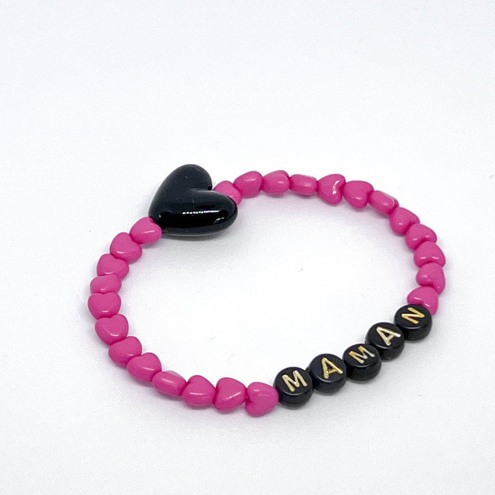 Bracelet femme - MINI COEURS fushia & MAXI COEUR NOIR - (message personnalisable)