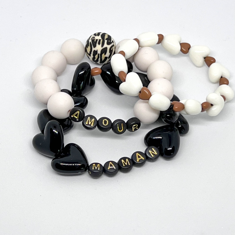 Bracelet - COEURS NOIRS - "MUM" (message personnalisable)