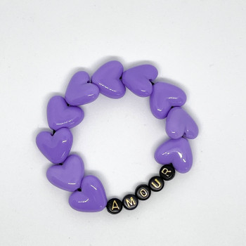 Bracelet - BIG COEURS VIOLETS "AMOUR" (message personnalisable) - avec ou sans pompon