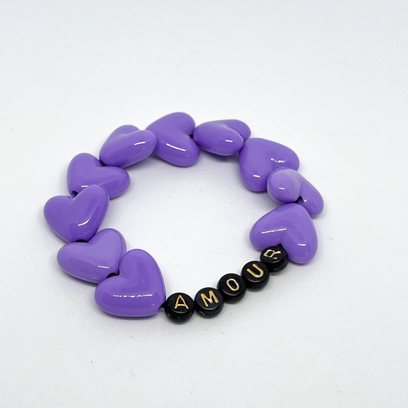 Bracelet - BIG COEURS VIOLETS "AMOUR" (message personnalisable) - avec ou sans pompon