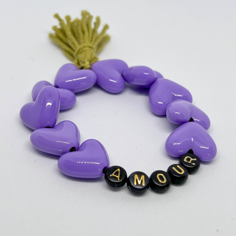 Bracelet - BIG COEURS VIOLETS "AMOUR" (message personnalisable) - avec ou sans pompon