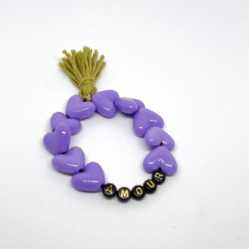 Bracelet - BIG COEURS VIOLETS "AMOUR" (message personnalisable) - avec ou sans pompon