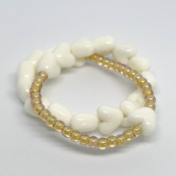 BRACELET DOUBLE - COEURS ecrus & perles de verre