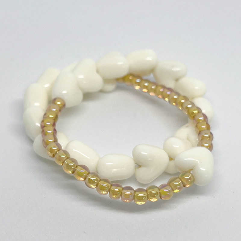 BRACELET DOUBLE - COEURS ecrus & perles de verre