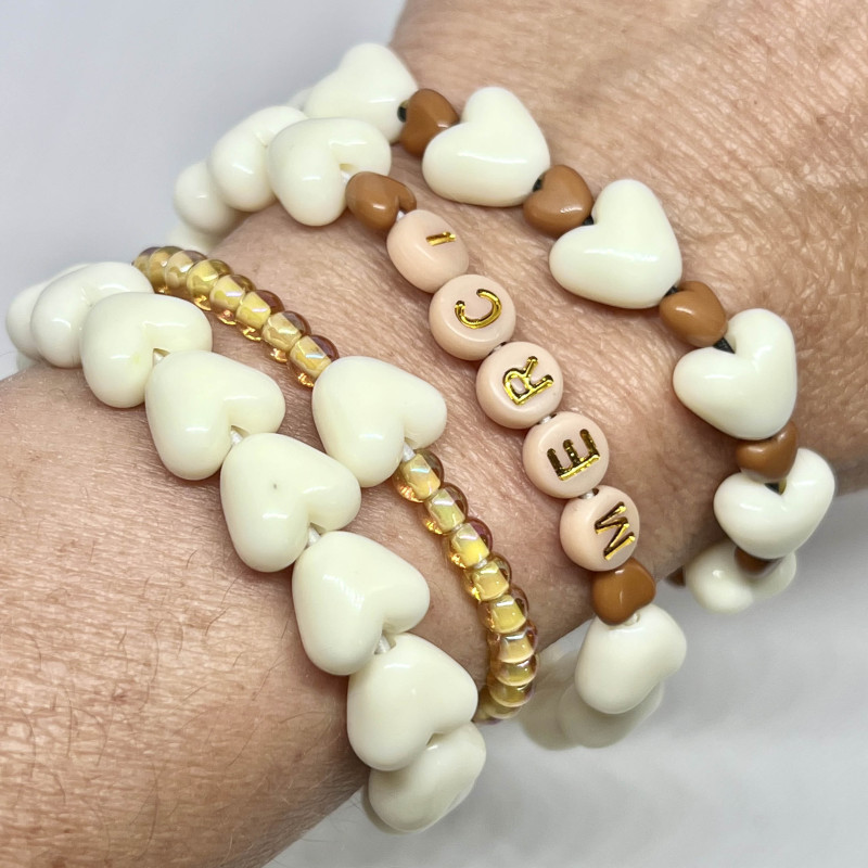 BRACELET DOUBLE - COEURS ecrus & perles de verre