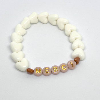 Bracelet - COEURS ecrus & MINI COEURS marrons - "MERCI" - (message personnalisable)