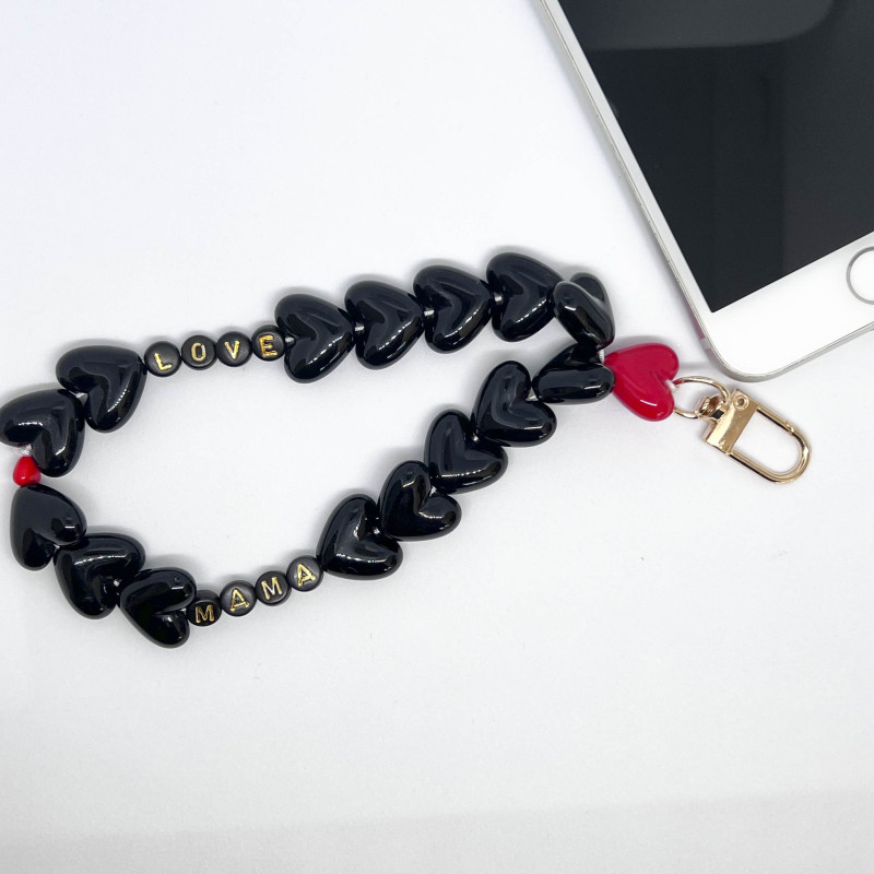 GRIGRIS/PORTE CLEFS/CORDON DE TELEPHONE - PERLES COEUR ROUGE & NOIRS - personnalisable