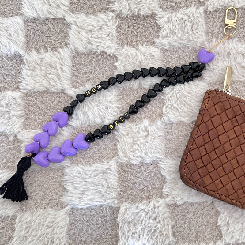 GRIGRIS/PORTE CLEFS/CORDON DE TELEPHONE - PERLES COEUR VIOLET & NOIRS + POMPON - personnalisable