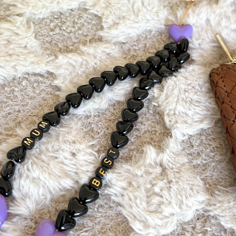 GRIGRIS/PORTE CLEFS/CORDON DE TELEPHONE - PERLES COEUR VIOLET & NOIRS + POMPON - personnalisable