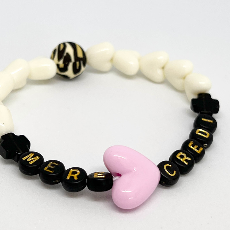 Bracele femmet - COEURS ecrus & MAXI COEUR rose - "MÈRE-CREDI" - (message personnalisable)