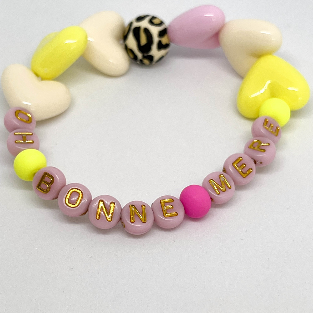 Bracelet femme - MAXI COEUR roses, jaunes et ecrus- "OH BONNE MERE" - (message personnalisable)