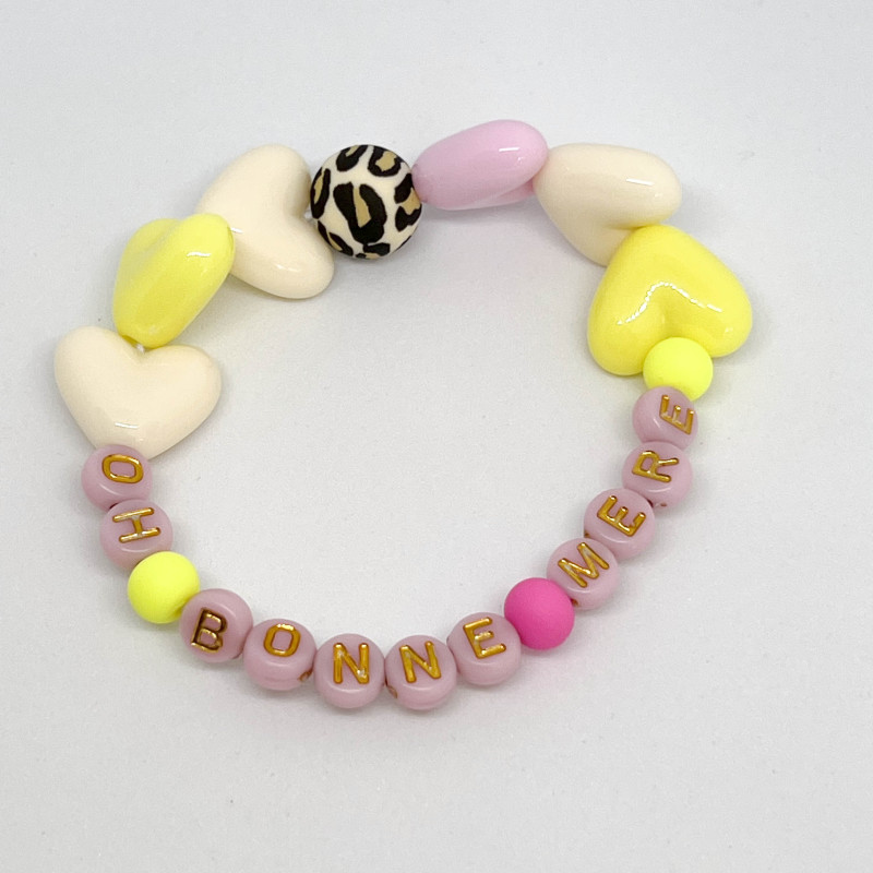 Bracelet femme - MAXI COEUR roses, jaunes et ecrus- "OH BONNE MERE" - (message personnalisable)