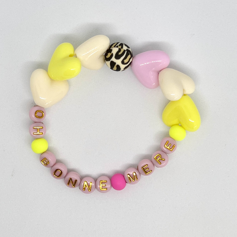 Bracelet femme - MAXI COEUR roses, jaunes et ecrus- "OH BONNE MERE" - (message personnalisable)