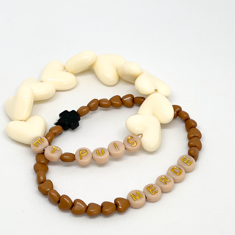 Bracelet femme - MAXIS COEUR ECRUS & MINI COEURS MARRONS "ET PUIS MERDE"