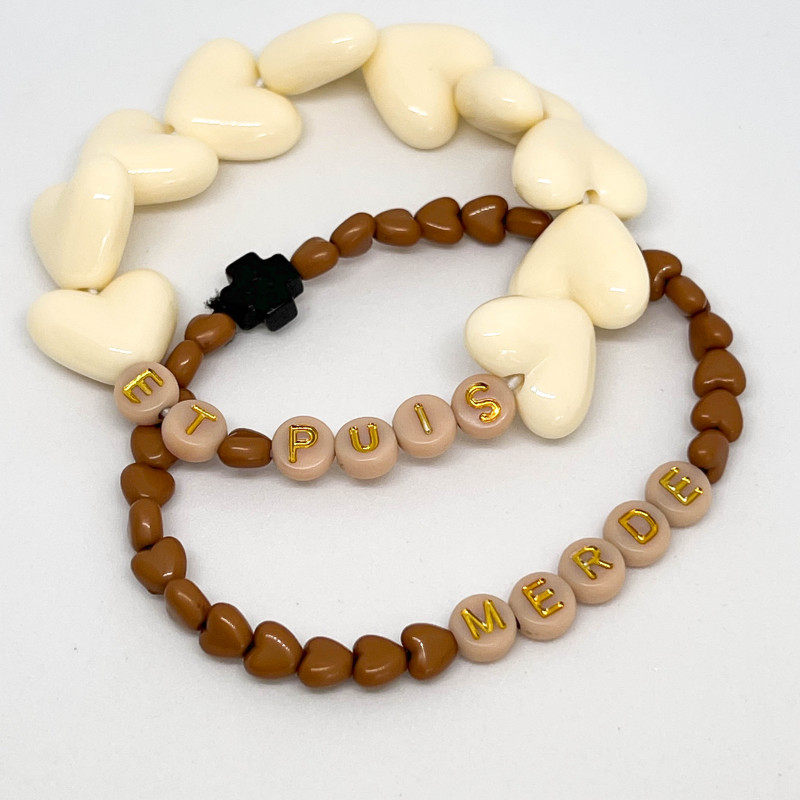 Bracelet femme - MAXIS COEUR ECRUS & MINI COEURS MARRONS "ET PUIS MERDE"