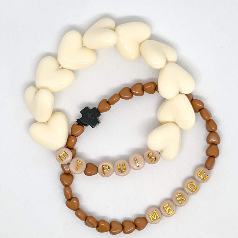 Bracelet femme - MAXIS COEUR ECRUS & MINI COEURS MARRONS "ET PUIS MERDE"