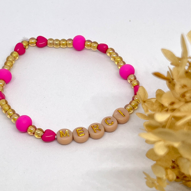Bracelet femme - MINI COEURS FUSHIA & PERLES ROSES FLUO - "MAITRESSE"