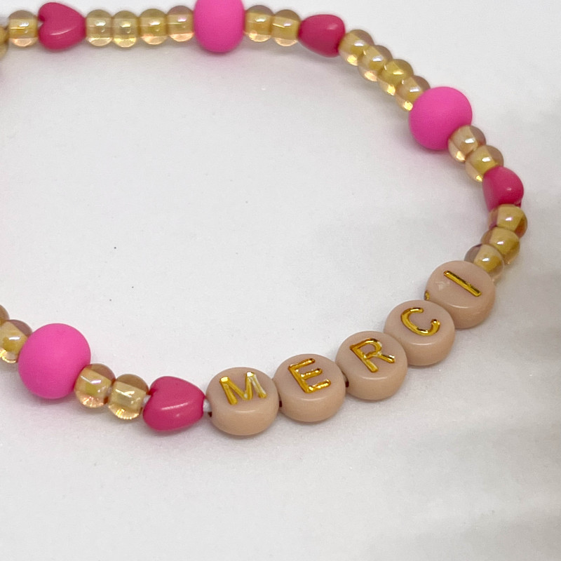Bracelet femme - MINI COEURS FUSHIA & PERLES ROSES FLUO - "MAITRESSE"