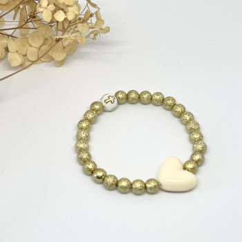 BRACELET DE CEREMONIE - MAXI COEUR ECRU & PERLES OR