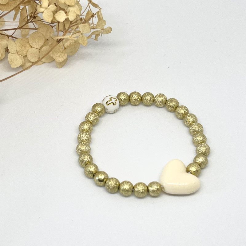 BRACELET DE CEREMONIE - MAXI COEUR ECRU & PERLES OR