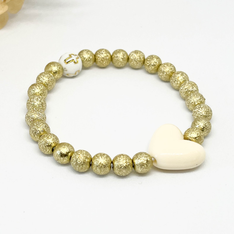 BRACELET DE CEREMONIE - MAXI COEUR ECRU & PERLES OR
