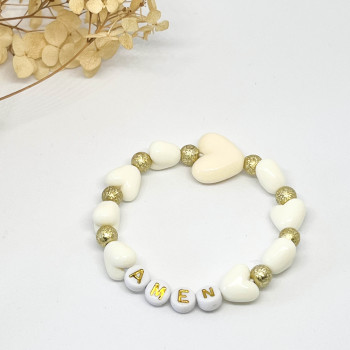 BRACELET DE CEREMONIE - COEURS ECRUS & PERLES OR + message personnalisable