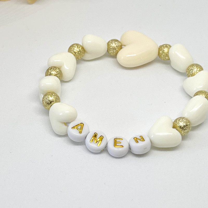 BRACELET DE CEREMONIE - COEURS ECRUS & PERLES OR + message personnalisable