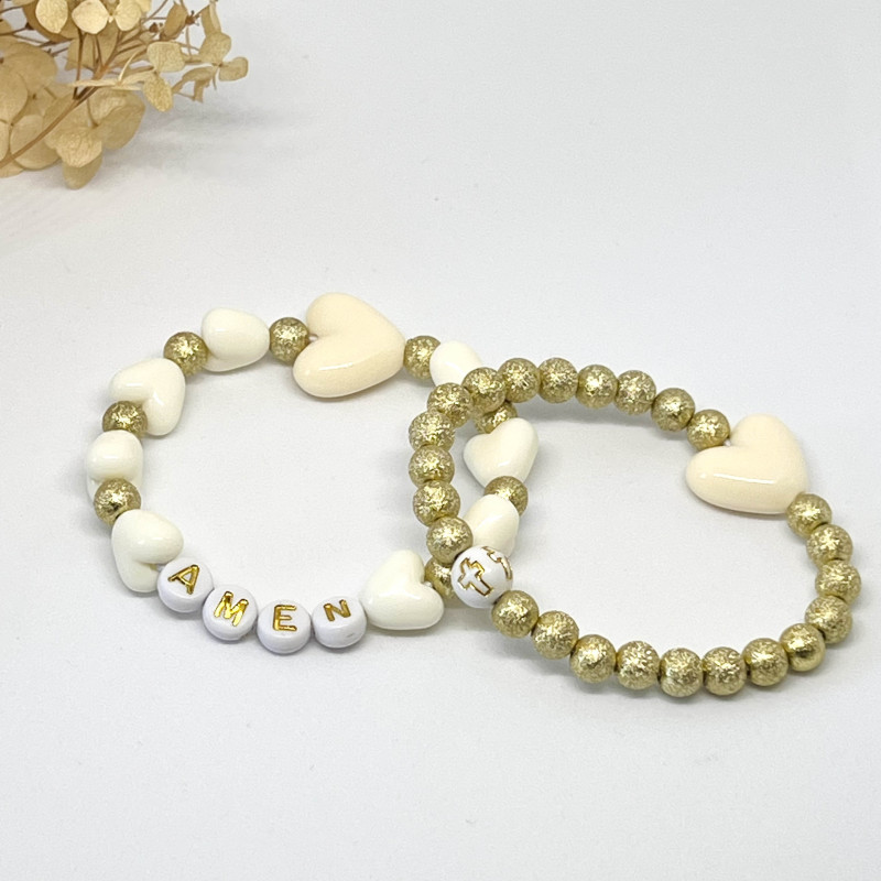 BRACELET DE CEREMONIE - COEURS ECRUS & PERLES OR + message personnalisable