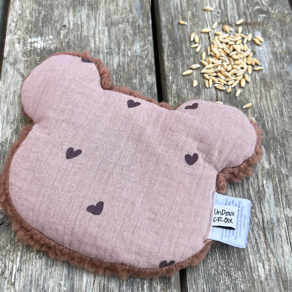 BOUILLOTTE SECHE – OURS – GAZE marsala & petits coeurs marrons| Made in France