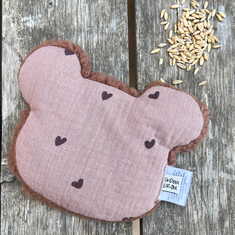 BOUILLOTTE SECHE – OURS – GAZE marsala & petits coeurs marrons| Made in France