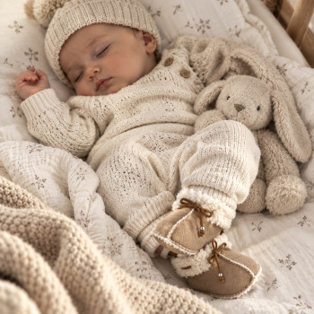 Chaussons bébé unis fourrés 0-3 mois avec semelle en suédine marron