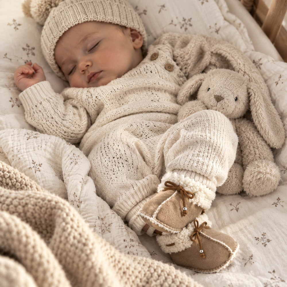 Chaussons bébé unis fourrés 0-3 mois avec semelle en suédine marron