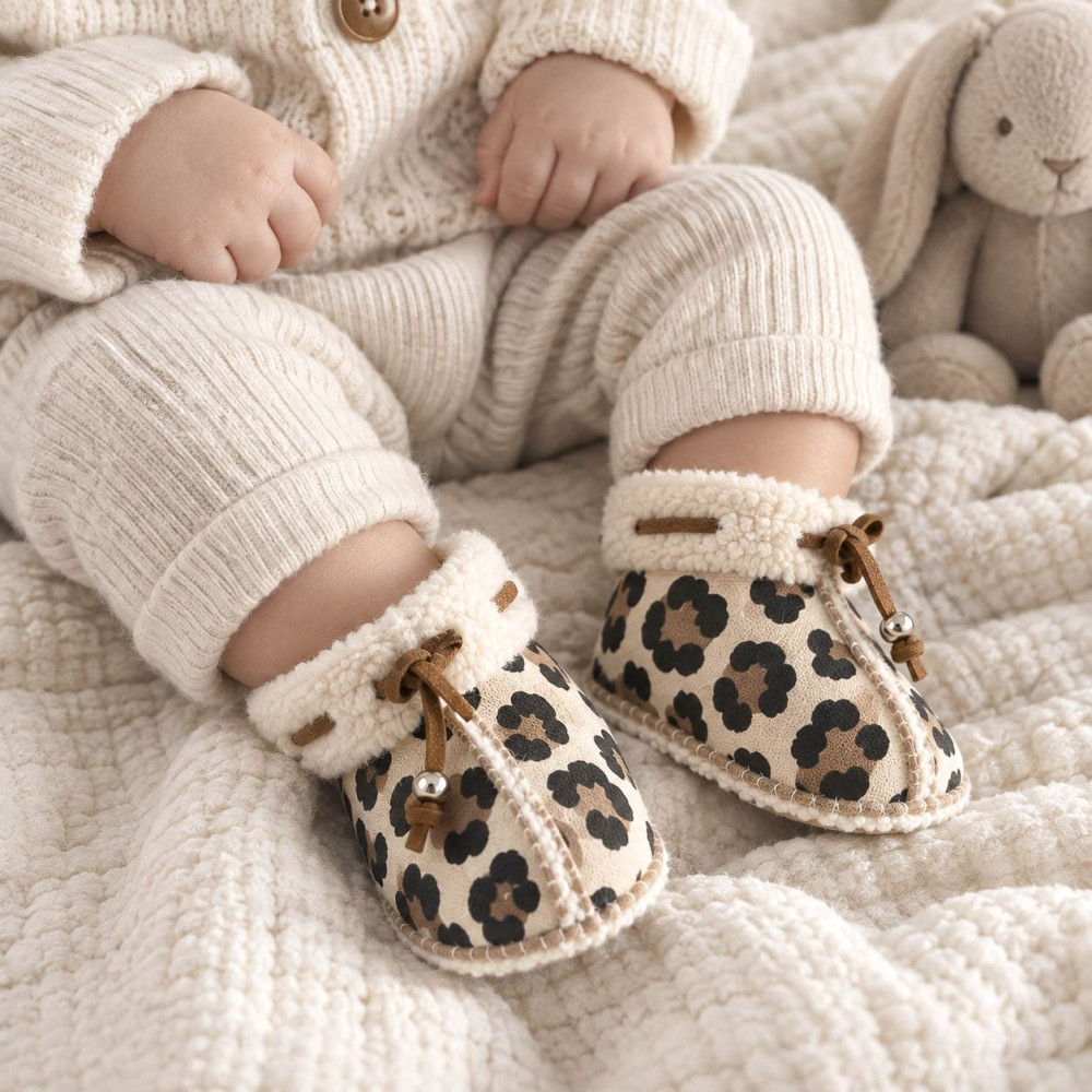 Chaussons bébé unis fourrés LEOPARD | UN2CROIX