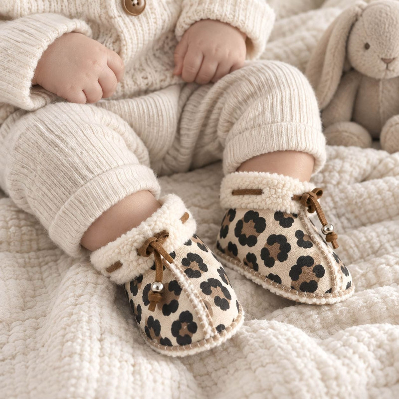Chaussons bébé unis fourrés LEOPARD | UN2CROIX