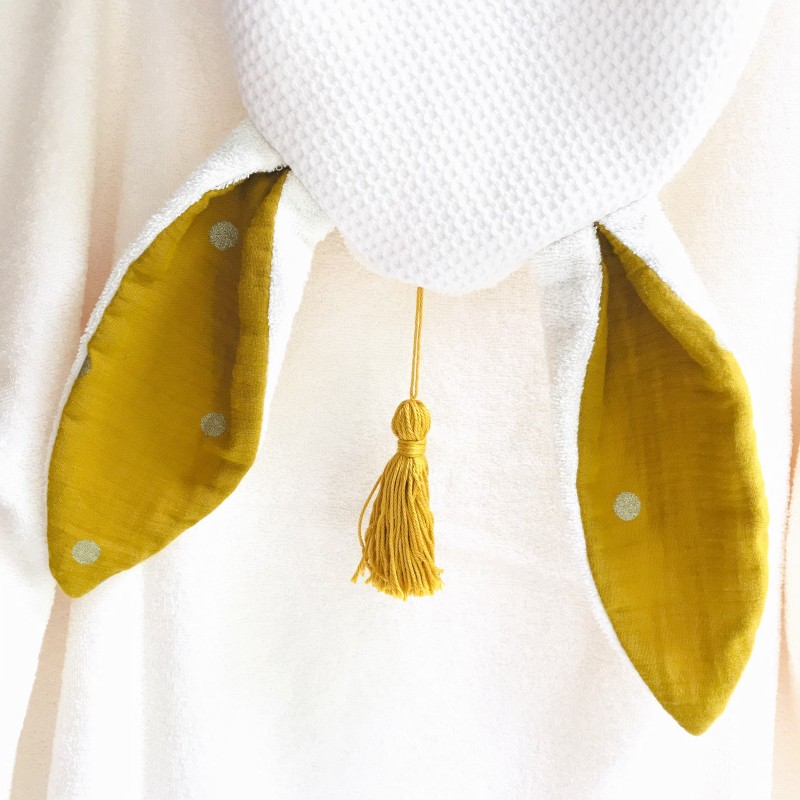 PONCHO DE BAIN UNDEUXCROIX – BERBERE - MOUTARDE POIS OR – Doux, pratique et fabriqué en France