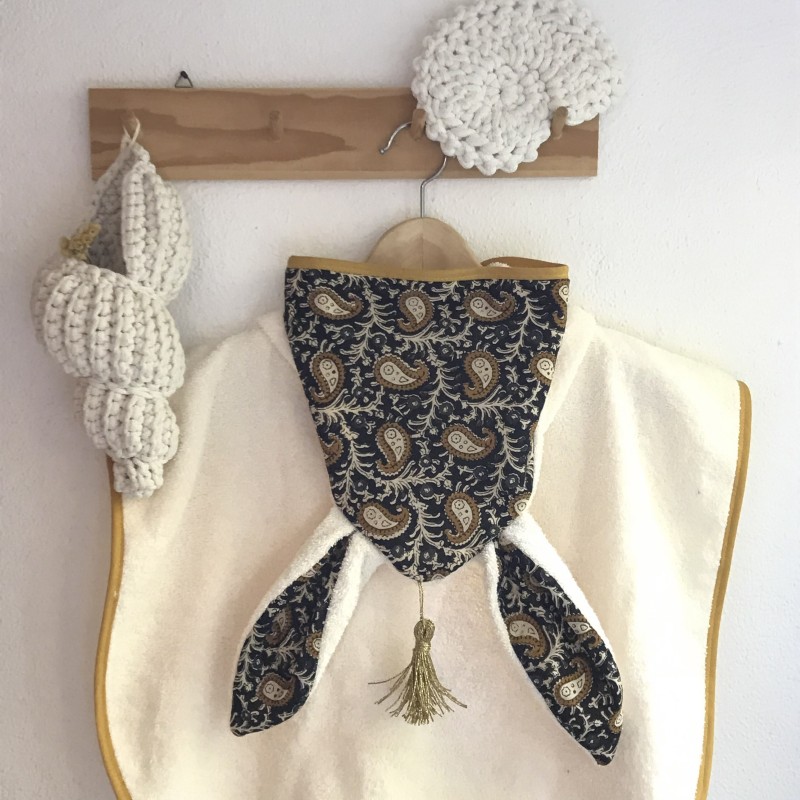 PONCHO DE BAIN UNDEUXCROIX – BERBERE - BLOCK PRINT NOIR&MOUTARDE – Doux, pratique et fabriqué en France