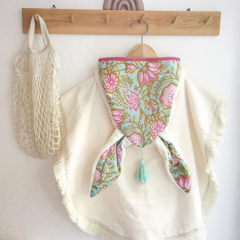 PONCHO DE BAIN – BOHEME - BLOCK PRINT TURQUOISE ET ROSE - Doux, pratique et fabriqué en France