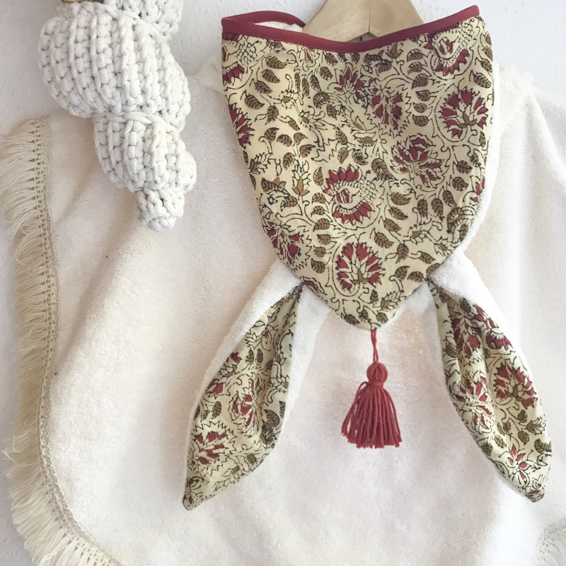 PONCHO DE BAIN – BOHEME - BLOCK PRINT - ECRU & TERRACOTA - Doux, pratique et fabriqué en France