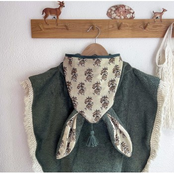 PONCHO DE BAIN – BOHEME - KAKI & BLOCK PRINT - Doux, pratique et fabriqué en France