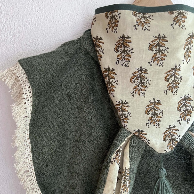PONCHO DE BAIN – BOHEME - KAKI & BLOCK PRINT - Doux, pratique et fabriqué en France