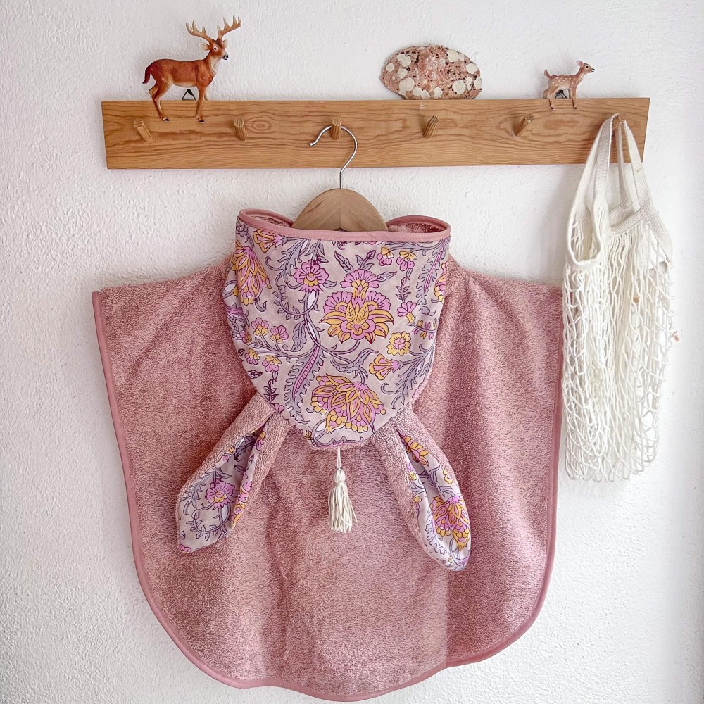 PONCHO DE BAIN – BERBERE - BLOCK PRINT ROSE&JAUNE – Doux, pratique et fabriqué en France