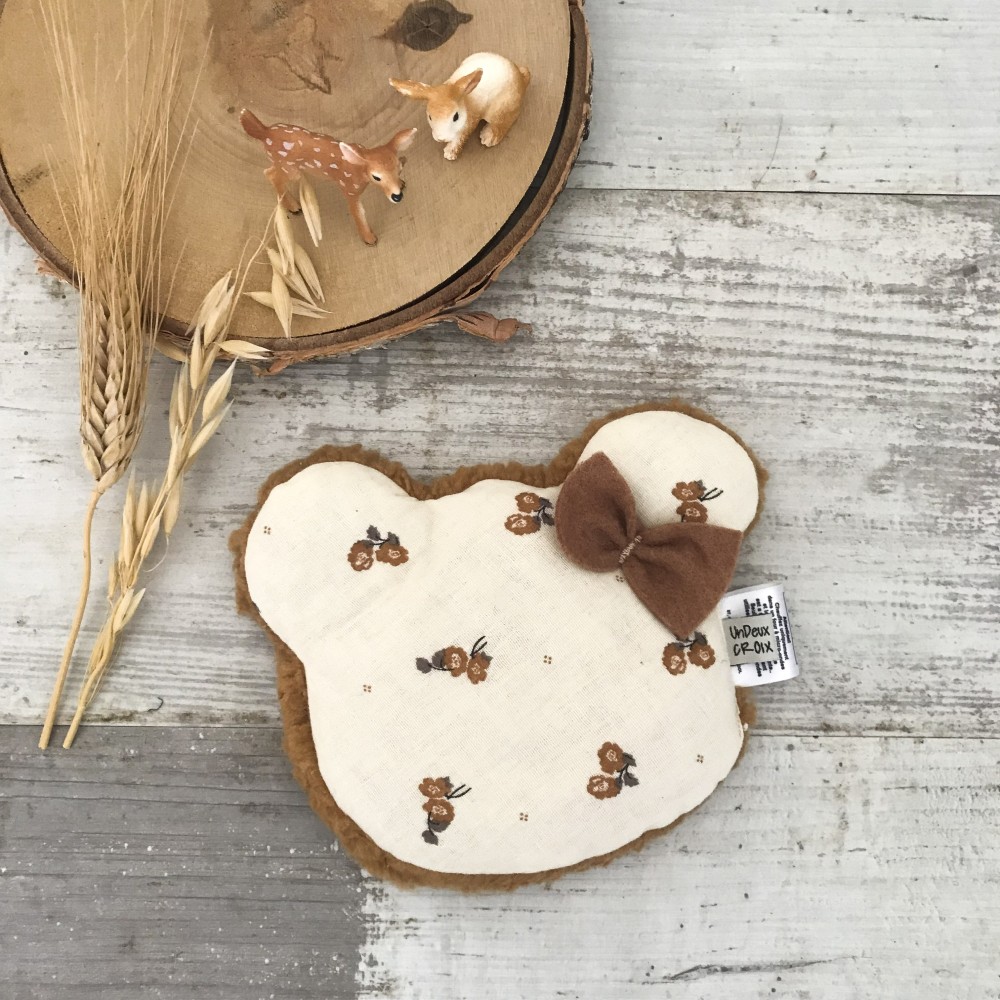 BOUILLOTTE SECHE – OURS – GAZE ET FLEURS CAMEL| Made in France