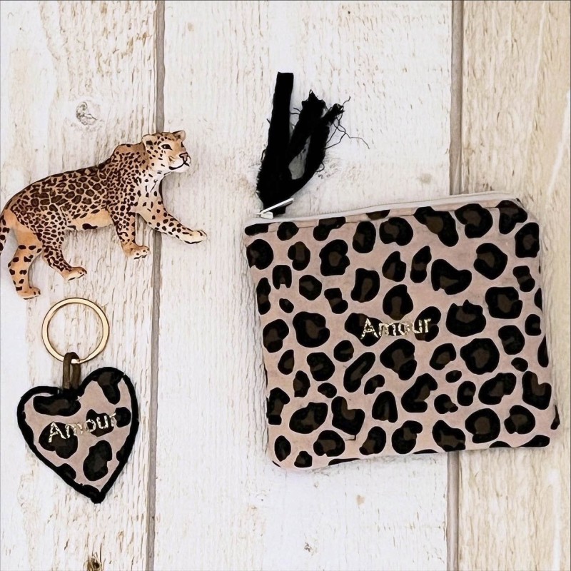 PORTE CLEFS - COEUR LEOPARD - personnalisable