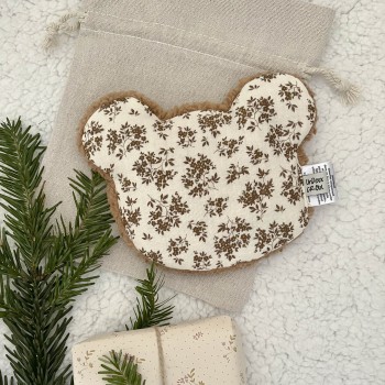 Bouillotte sèche ours en gaze fleurie écru & chocolat – graines d’épeautre| Made in France