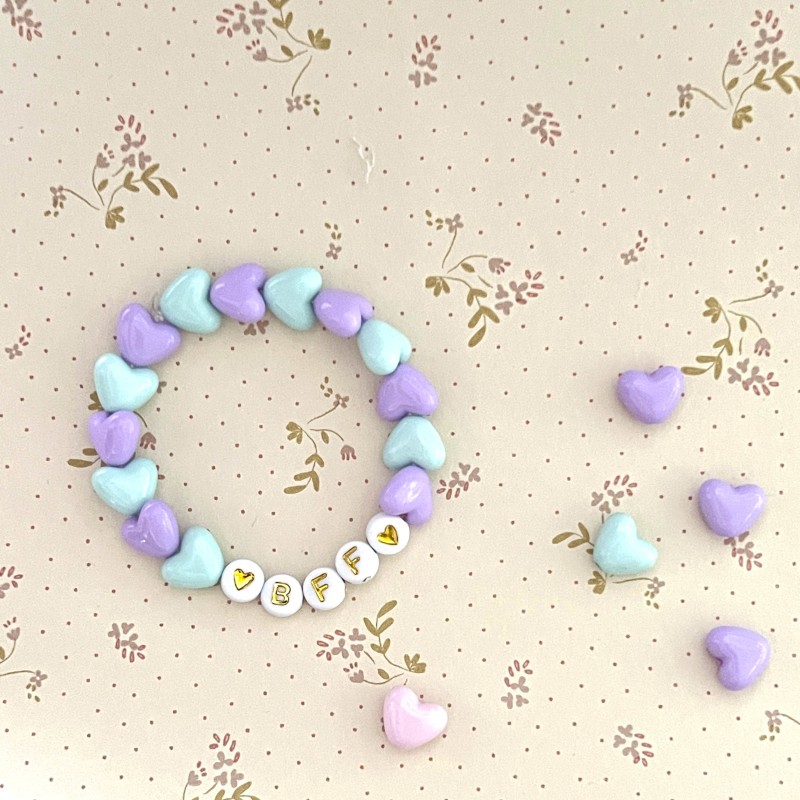 BRACELET ENFANT - COEURS MAUVES & TURQUOISE (message personnalisable)