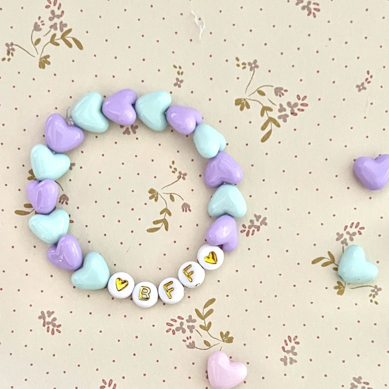 BRACELET ENFANT - COEURS MAUVES & TURQUOISE (message personnalisable)